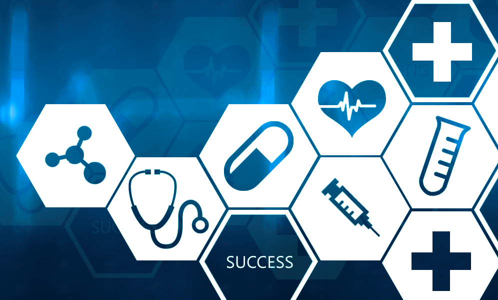 Computer generated image of hexagons with healthcare related icons within them against a blue background.