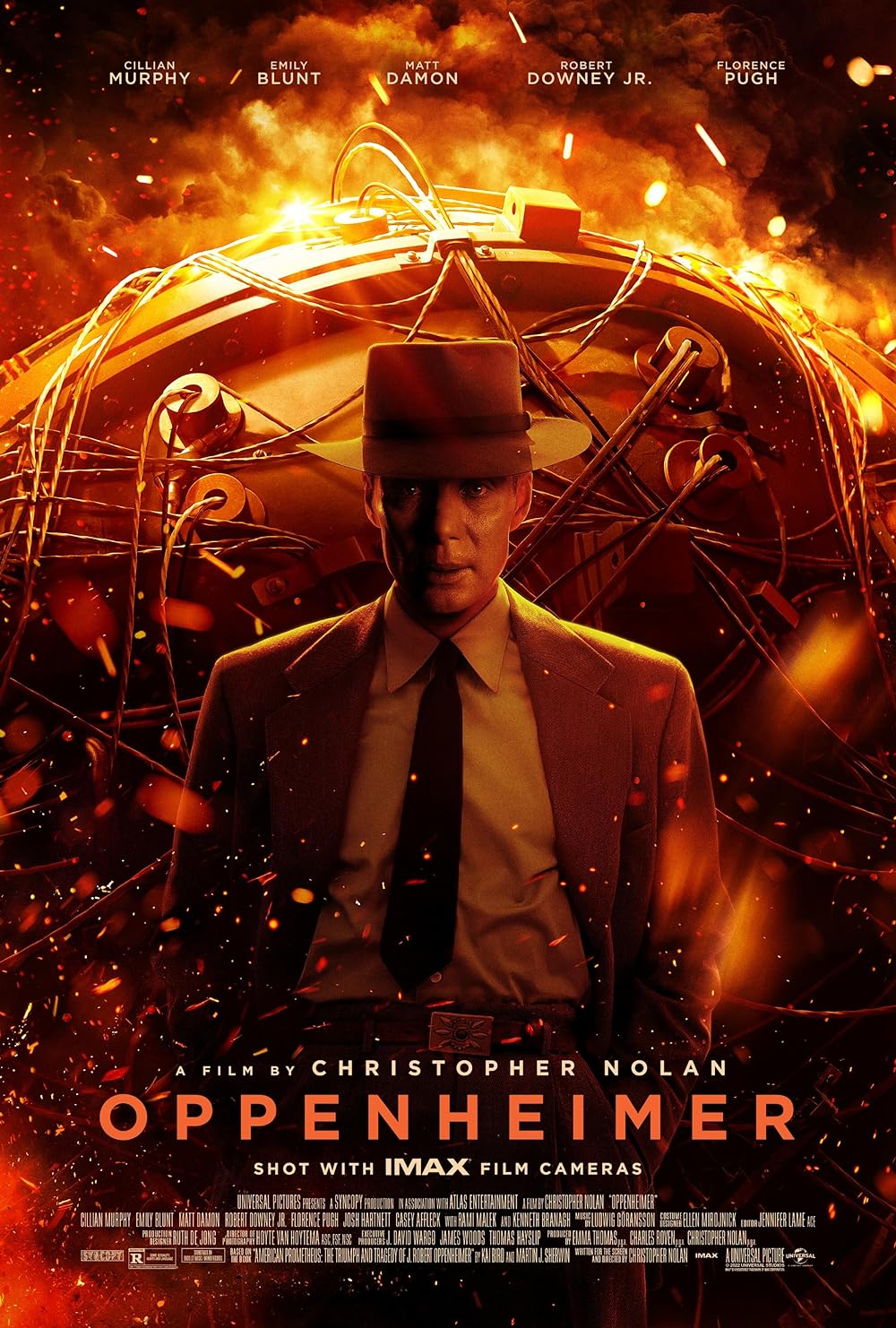 Movie cover of Oppenheimer.  Man with hat and fire behind him.