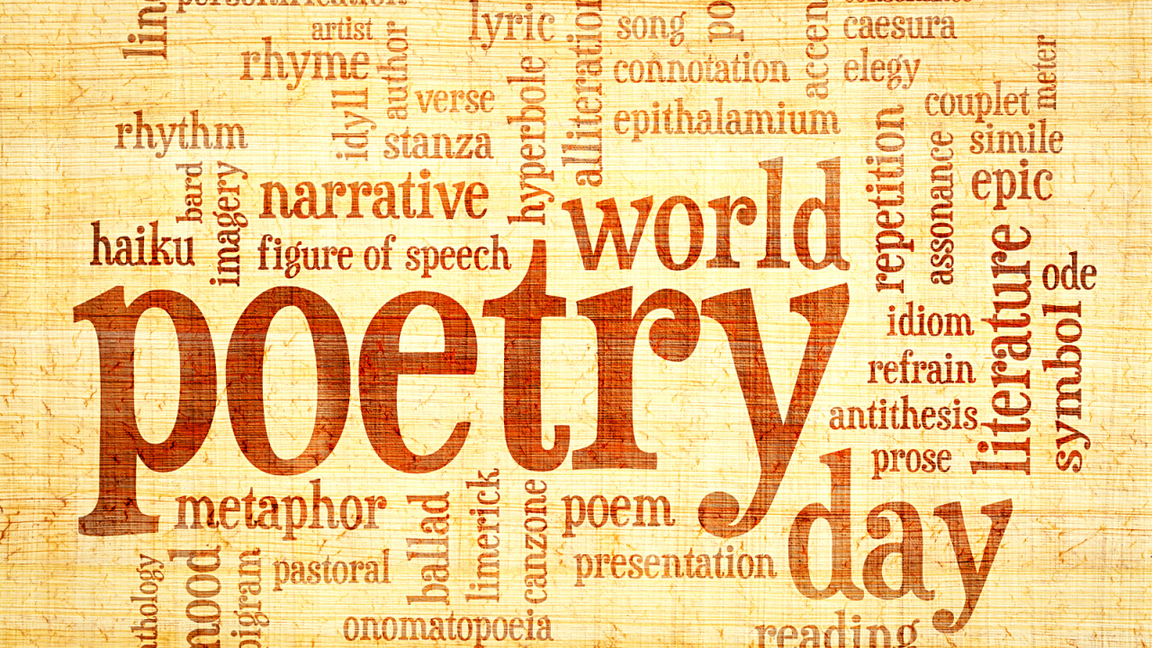 The word poetry and other words like world and day in brown on a yellow background.