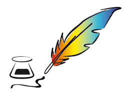 black ink in a jar with a quill with a rainbow color feather
