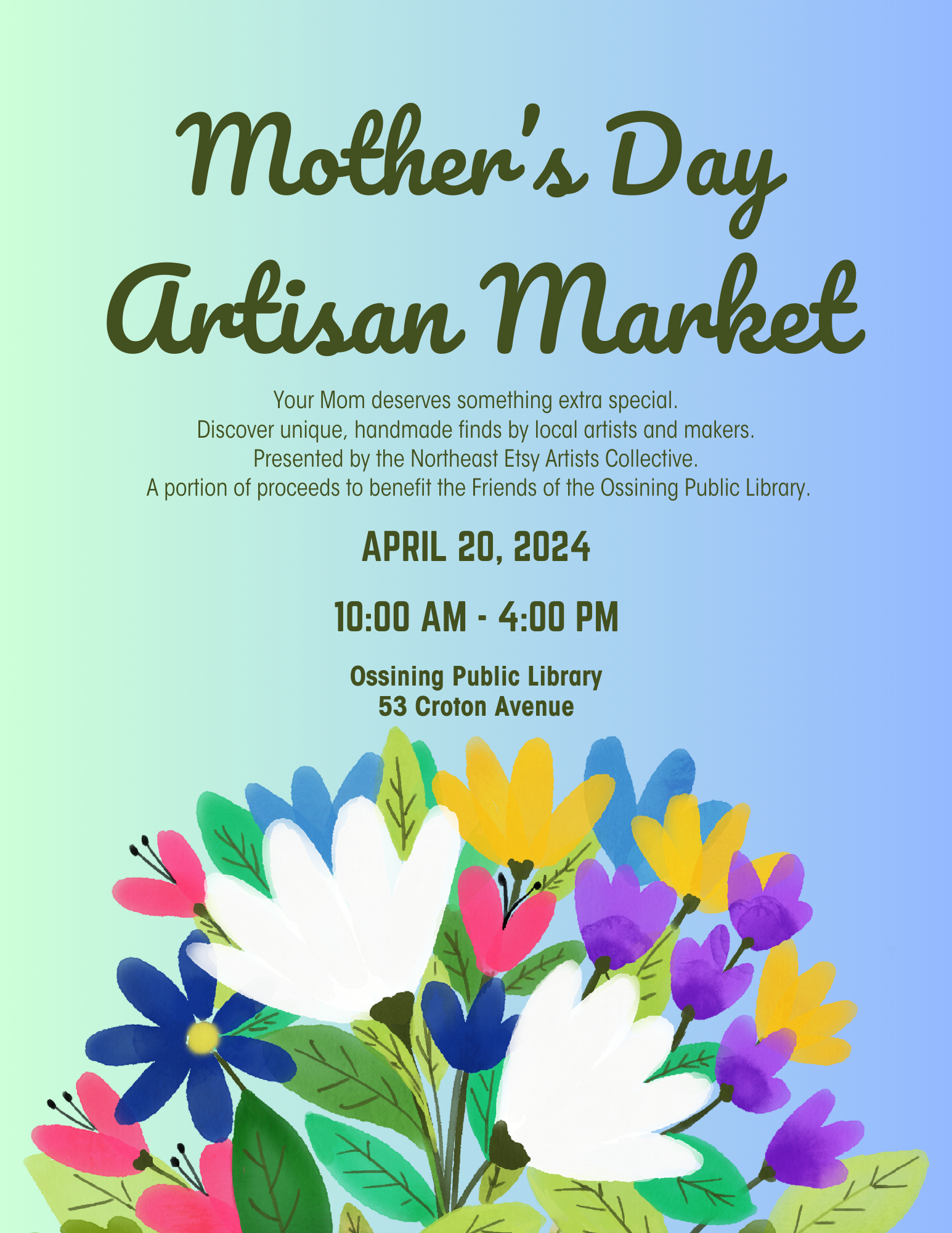 Flier with colorful flowers and blue and green background.