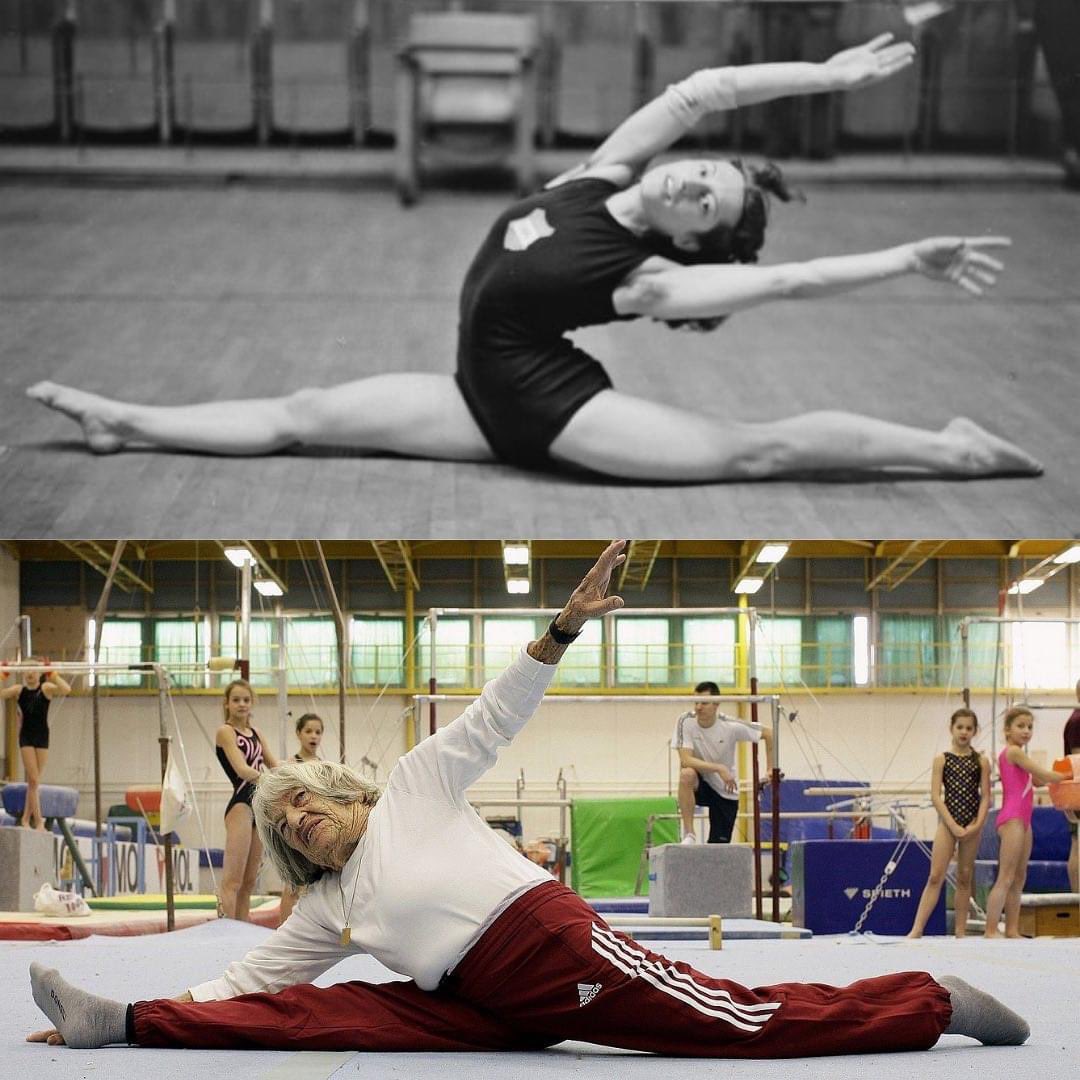 Black and white photo and color photo of Olympic Gymnast Agi Keleti.
