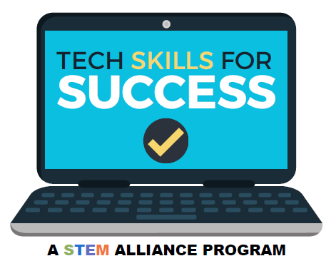 A computer generated image of a laptop, open to a screen that reads "Tech Skills for Success"