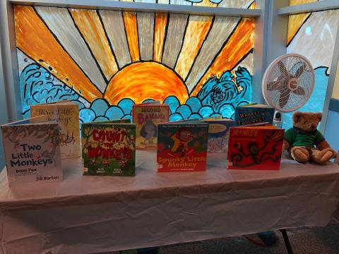 Books on table in front of sunny window