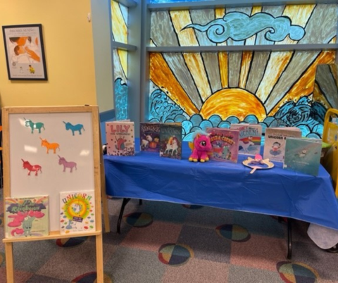 Children's Room setup for storytime with books and props