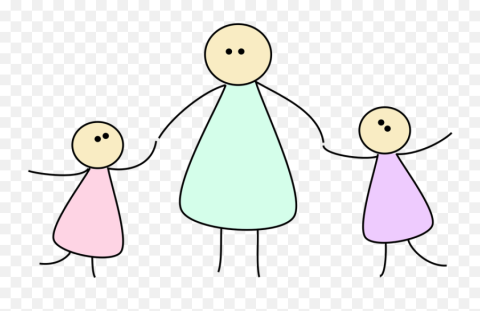 Stick figure adult wearing a light green dress holding hands with one child in a purple dress and one child in a pink dress