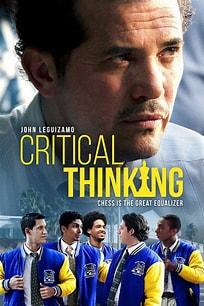 Image shows a picture of actor John Leguizamo in deep thought and five young men wearing their chess team jackets that are purple with yellow sleeves.