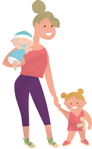 A picture of a female teen with a baby in one arm while she holds the hand of a toddler.