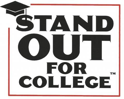 Stand Out for College in Bold black letters with a black graduation cap in the upper left corner