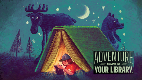 A tent with a person reading in it under a starry sky with a cresent moon and a moose in the background