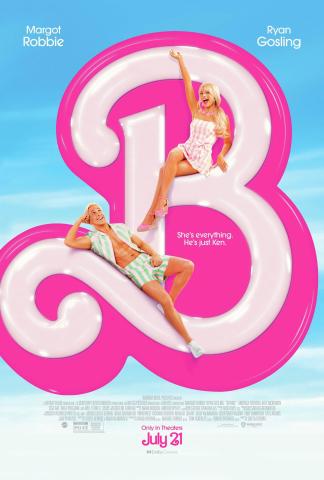 A large letter B for Barbie with Barbie and Ken sitting on the letter.