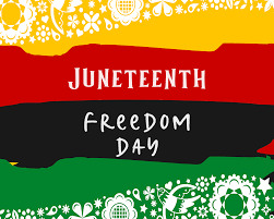 poster with stripes of yellow, red, black and green with Juneteenth Freedom Day in white letters  