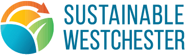 Blue lettering that says Sustainable Westchester and a blue, green and yellow circle with a red arrow.