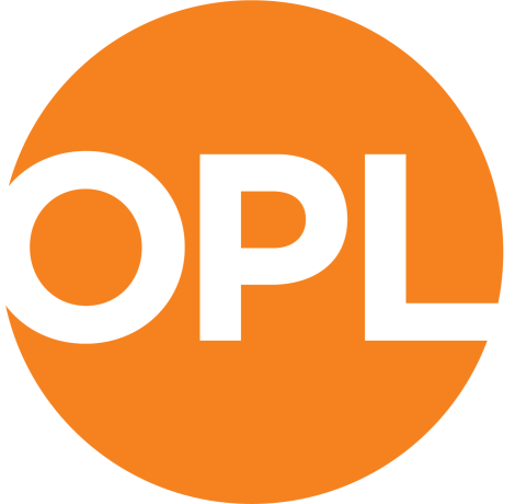 Orange circle with the letters "OPL" in the center, in white.