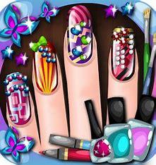 four fingers with nail designs and bottles of nail polish 