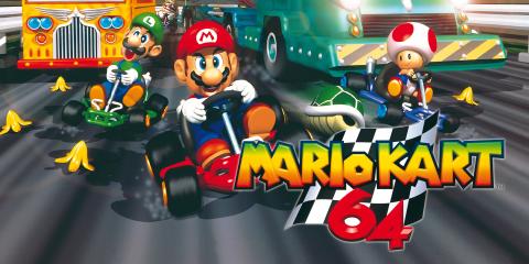 Luigi, Mario and Toad driving Karts and MARIOKART 64 title