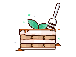 a slice of tiramisu with 2 mint leaves as decoration and a fork inserted in the top of the slice