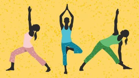 Three women in yoga poses with a yellow background.