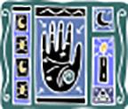 images used in palmistry - a black hand, images of yellow moons on a black background 