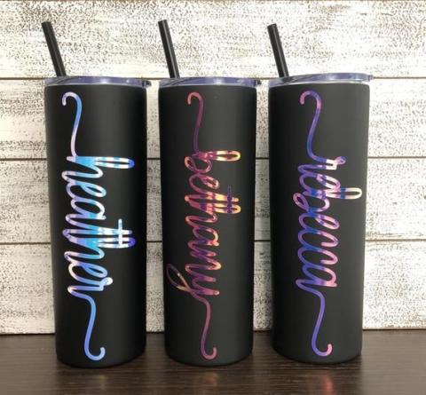 black reuseable tall tumbler personalized with names using metallic vinyl