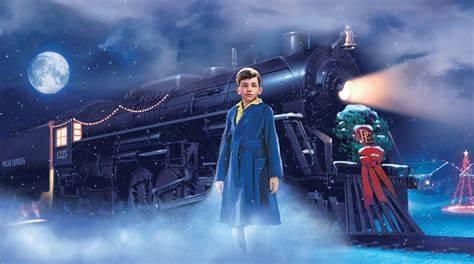 a blue in a blue robe standing in front of a black locomotive with a green wreath with a red bow on the front on a dark starry night. Full moon in the sky and steam around the locomotive