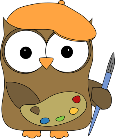 Brown owl with an orange beret holding a palate of paint in one wing and a paintbrush in the other wing