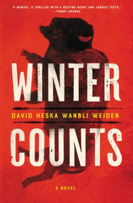 Cover of Winter Counts: A silhouette of a buffalo turned sideways on top of a red background. The words Winter Counts are in the foreground in front of the buffalo image.