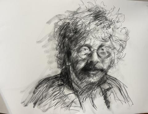 Drawing of a man in glasses in black and a gray background.