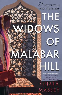 Cover of The Widows of Malabar Hill. We see a silhouette of a woman with a suitcase standing in front of a window.