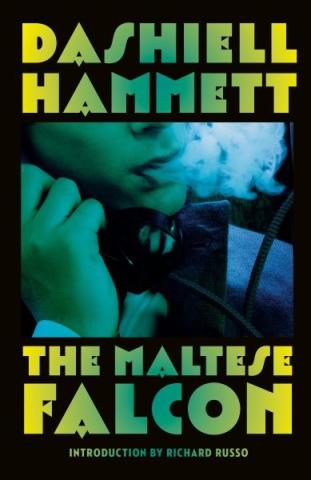 Cover of The Maltese Falcon by Dashiell Hammett - a photo of a man holding a phone receiver to his ear and exhaling smoke