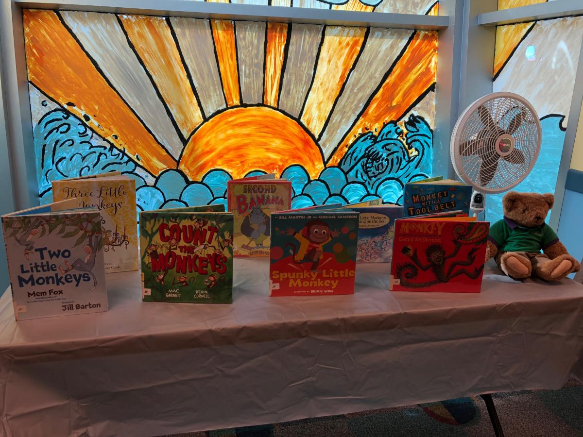 Books on table in front of sunny window