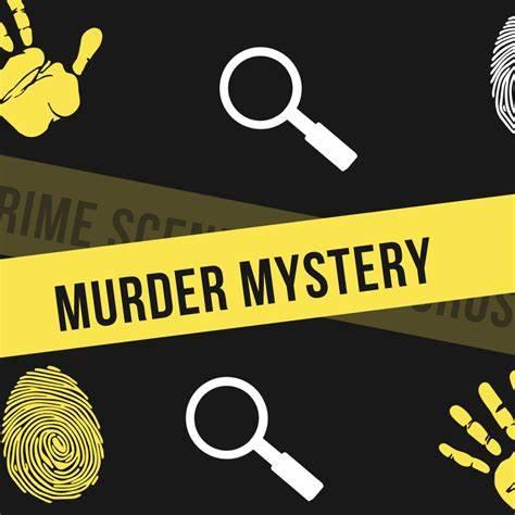 in a shade bright as the sun, images of a thumbprint, handpring, a magnifying glass appear with a banner that reads "murder mystery".