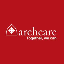 Archcare letters in white with a red background.