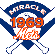 Blue and Orange logo from the 1969 Miracle Mets with two white baseball bats.