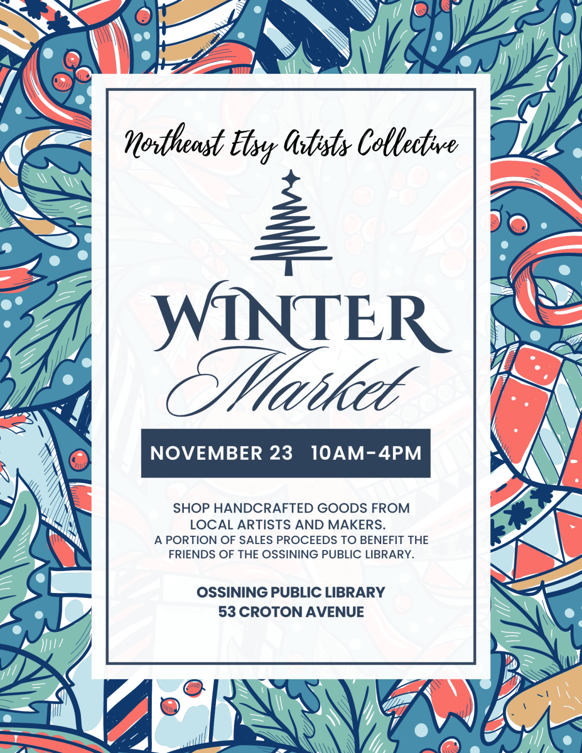 Blue lettering that says Winter Market and pink, blue and turquoise background.