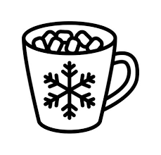 white mug with a black snowflake on the side and black outlined marshmallows inside the cup