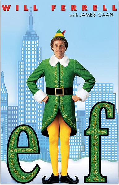 Elf with blue background and green lettering.