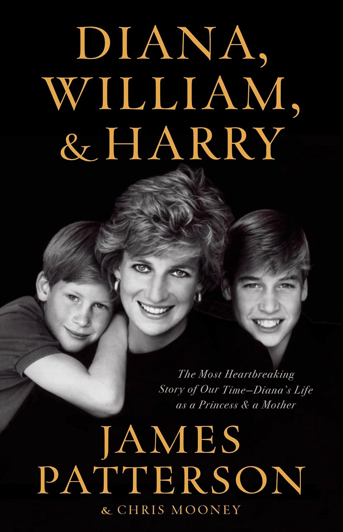Images of Princess Diana, William and Harry on a black background and gold lettering.