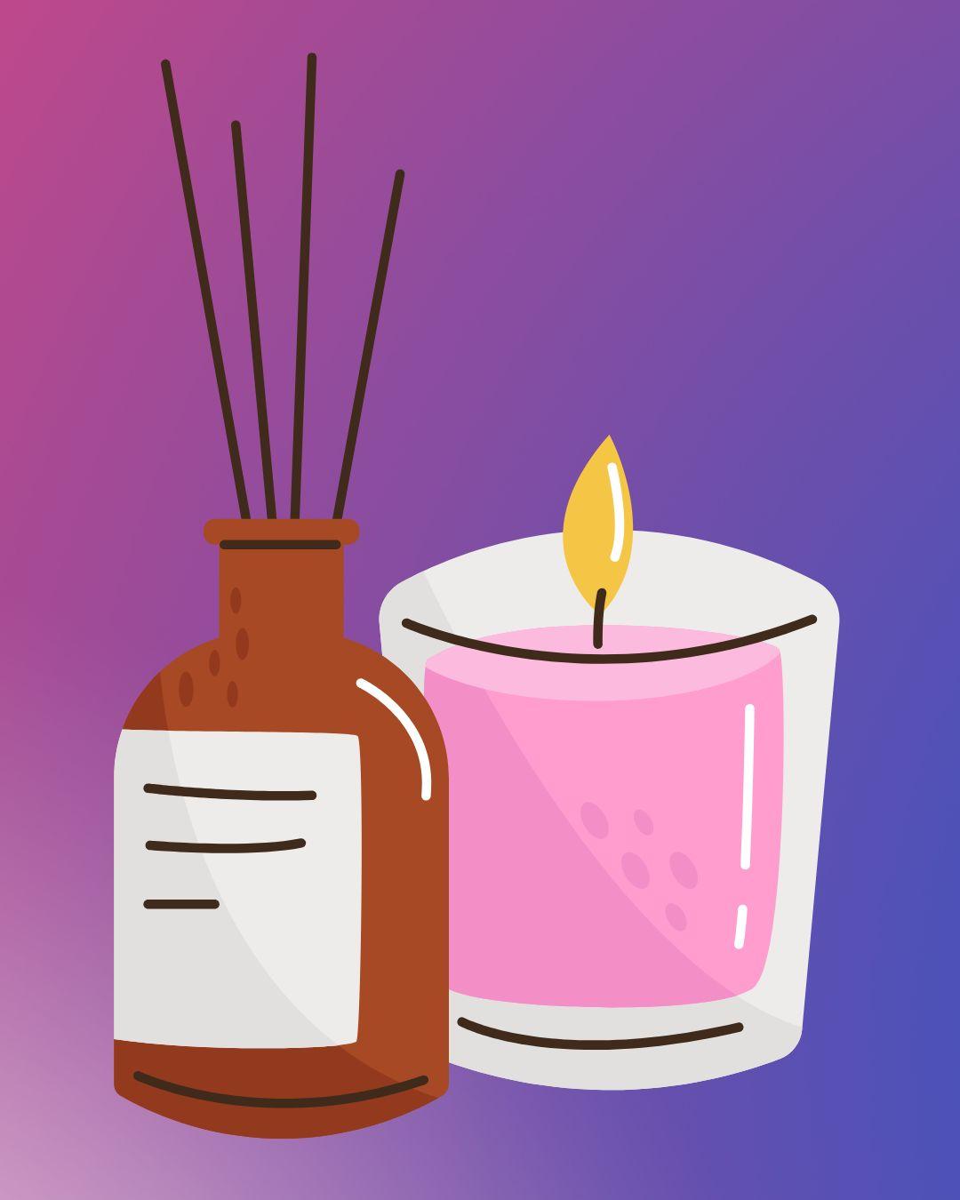 incense sticks inside a brown jar with a lit pink candle next to it