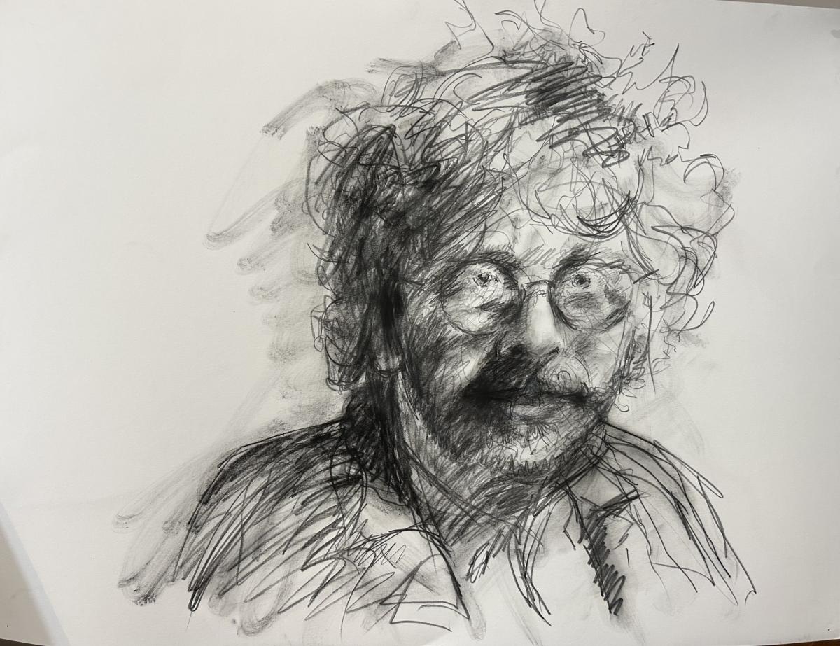 Drawing of a man in glasses in black and a gray background.