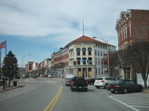 Main Street in Ossining.  Blue sky in background.
