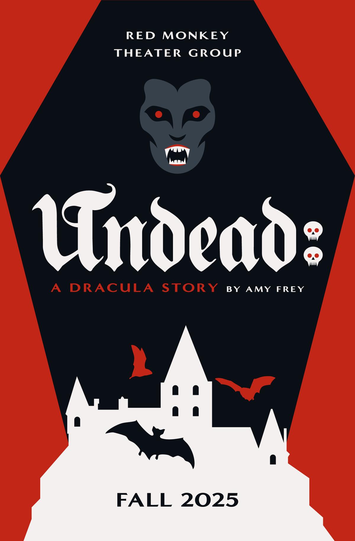 White lettering on a black and red background.