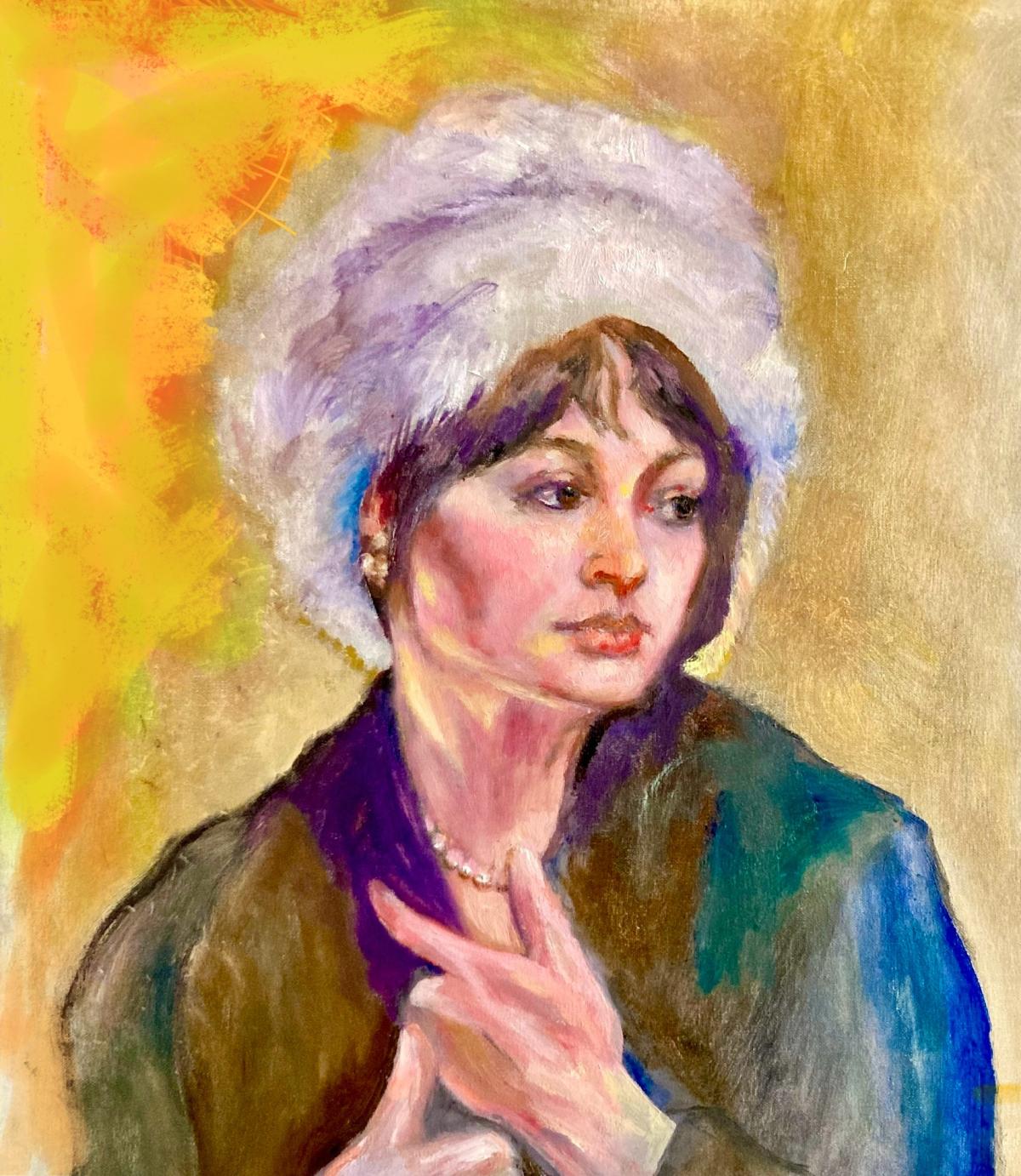 A woman in green and brown with a white fur hat and gold background.